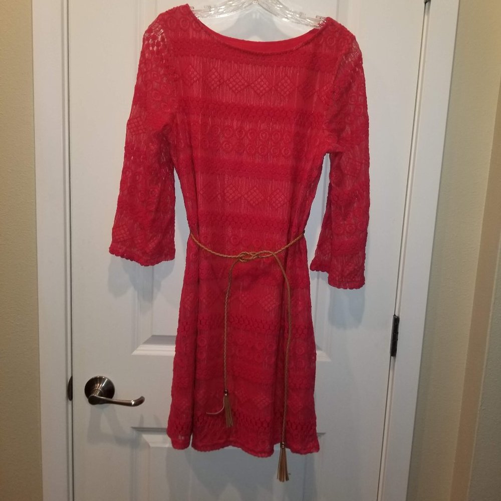 FINAL PRICE Sharagano Red Crochet Stretch Lace Boho Dress 10